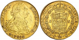 1788. Carlos III. Sevilla. C. 8 escudos. (Cal. 263) (Cal.Onza 969). 27 g. Punto final en leyenda de anverso. Leve hojita. Bonito color. Escasa. MBC+.