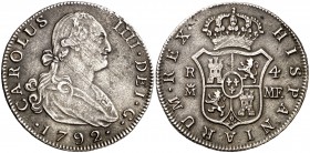 1792. Carlos IV. Madrid. MF. 4 reales. (Cal. 827). 12,68 g. Plata agria. Buen ejemplar. MBC+.
