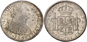 1806. Carlos IV. Lima. JP. 8 reales. (Cal. 663). 26,82 g. Leves impurezas. Parte de brillo original. MBC+.