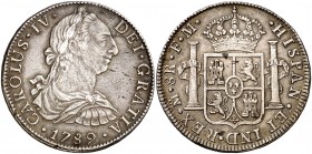 1789. Carlos IV. México. FM. 8 reales. (Cal. 681). 26,72 g. Rayitas. Busto de Carlos III. Ordinal IV. Escasa. MBC+.