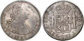 1796. Carlos IV. México. FM. 8 reales. 18,41 g. Dividida en dos partes para utilizarla como cajita. Muy curiosa. (MBC+).