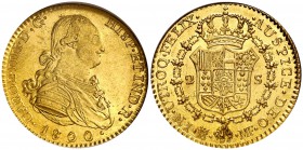 1800/799. Carlos IV. Madrid. MF. 2 escudos. (Cal. 338 var). En cápsula de la NGC como MS63, nº 1639792-021. Bella. Brillo original. Rara así. S/C-.