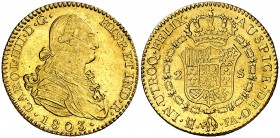 1803. Carlos IV. Madrid. FA. 2 escudos. (Cal. 345). 6,85 g. Muy bella. Pleno brillo original. Escasa así. S/C-.
