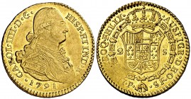 1791. Carlos IV. Popayán. SF. 2 escudos. (Cal. 378) (Restrepo 90-2). 6,73 g. Primer año de busto propio. Bella. Parte de brillo original. EBC.