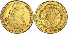 1803. Carlos IV. Madrid. FA. 4 escudos. (Cal. 207). 13,31 g. Mínima rayita. Bella. Parte de brillo original. Escasa así. EBC+.