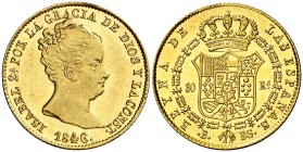 1846. Isabel II. Barcelona. PS. 80 reales. (Cal. 64). 6,74 g. Muy bella. Pleno brillo original. Rara así. S/C.