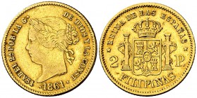 1861. Isabel II. Manila. 2 pesos. (Cal. 133). 3,38 g. MBC.