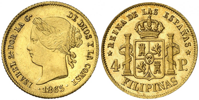 1865. Isabel II. Manila. 4 pesos. (Cal. 129). 6,78 g. Bella. Brillo original. Ex...
