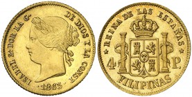 1865. Isabel II. Manila. 4 pesos. (Cal. 129). 6,78 g. Bella. Brillo original. Ex Colección O'Callaghan 10/11/2016, nº 581. Rara así. S/C-.