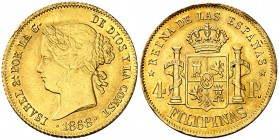 1868. Isabel II. Manila. 4 pesos. (Cal. 132). 6,77 g. Leves golpecitos. Bella. Brillo original. Escasa así. EBC-/EBC.