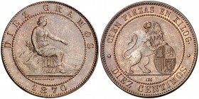 1870. Gobierno Provisional. Barcelona. OM. 10 céntimos. (Cal. 24). 9,58 g. Bella. EBC+.