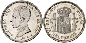 1904*1904. Alfonso XIII. SMV. 1 peseta. (Cal. 50). 5 g. Suavemente limpiada. Bella. S/C-.