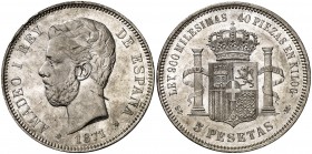 1871*1871. Amadeo I. SDM. 5 pesetas. (Cal. 5). 24,90 g. Leves marquitas. Bella. Brillo original. Rara así. EBC+.