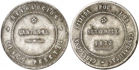 1873. Revolución Cantonal. Cartagena. 5 pesetas. (Cal. 6). 28,49 g. 86 perlas en anverso y 90 en reverso. Golpes en canto y rayitas. MBC.