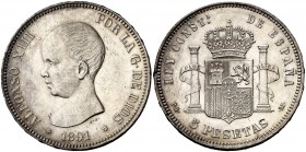 1891*1891. Alfonso XIII. PGM. 5 pesetas. (Cal. 17). 25,06 g. Leves golpecitos. Parte de brillo original. Escasa así. EBC.