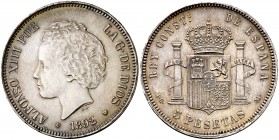 1892*1892. Alfonso XIII. PGM. 5 pesetas. (Cal. 19). 24,91 g. Tipo "bucles". Leves golpecitos. Bonita pátina. EBC-.