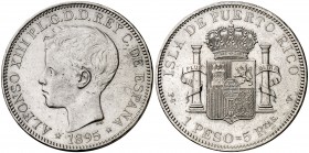 1895. Alfonso XIII. Puerto Rico. PGV. 1 peso. (Cal. 82). 24,92 g. Leves rayitas. Buen ejemplar. Rara. MBC+.