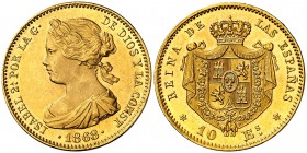1868*1873. I República. 10 escudos. (Cal. 1). 8,36 g. A nombre de Isabel II. Leves marquitas. Bella. Brillo original. Escasa. EBC+.
