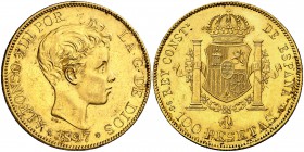 1897*1897. Alfonso XIII. SGV. 100 pesetas. (Cal. 1). 32,23 g. Leves golpecitos. Parte de brillo original. Rara. EBC-.