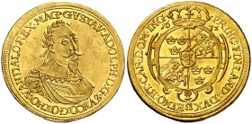 1632. Alemania. Augsburgo. Gustavo Adolfo. 1 ducado. (Fr. 113) (Kr. falta). 3,48 g. AU. Ligeramente alabeada. Bella. Brillo original. Rara y más así. ...
