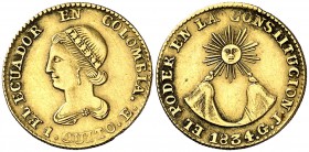 1834. Ecuador. Quito. GJ. 1 escudo. (Fr. 2) (Kr. 15). 3,32 g. AU. Escasa. MBC.