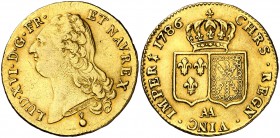 1786. Francia. Lluís XVI. AA (Metz). Doble luis de oro. (Fr. 474) (Kr. 592.2). 15,18 g. AU. Bonita pátina. Escasa. MBC+/EBC-.
