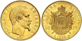 1856. Francia. Napoleón III. A (París). 50 francos. (Fr. 571) (Kr. 785.1). 16,03 g. AU. Parte de brillo original. EBC-.