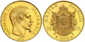 1858. Francia. Napoleón III. BB (Estrasburgo). 50 francos. (Fr. 572) (Kr. 785.2). 16,13 g. AU. Leves rayitas. Parte de brillo original. EBC.