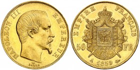 1859. Francia. Napoleón III. A (París). 50 francos. (Fr. 571) (Kr. 785.1). 16,11 g. AU. Parte de brillo original. EBC.