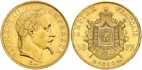 1864. Francia. Napoleón III. A (París). 50 francos. (Fr. 582) (Kr. 804.1). 16,11 g. AU. Parte de brillo original. EBC-.
