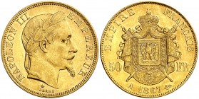 1867. Francia. Napoleón III. A (París). 50 francos. (Fr. 582) (Kr. 804.1). 16,12 g. AU. Parte de brillo original. EBC-.