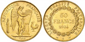1904. Francia. III República. A (París). 50 francos. (Fr. 591) (Kr. 831). 16,12 g. AU. Bella. Parte de brillo original. Escasa. EBC.