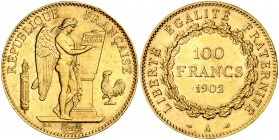 1902. Francia. III República. A (París). 100 francos. (Fr. 590) (Kr. 832). 32,24 g. AU. Leves marquitas. Brillo original. EBC.