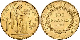 1903. Francia. III República. A (París). 100 francos. (Fr. 590) (Kr. 832). 32,23 g. AU. Mínimas marquitas. Brillo original. Escasa así. EBC+.