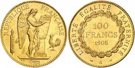 1905. Francia. III República. A (París). 100 francos. (Fr. 590) (Kr. 832). 32,23 g. AU. Leves marquitas. Parte de brillo original. EBC.