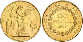 1906. Francia. III República. A (París). 100 francos. (Fr. 590) (Kr. 832). 32,24 g. AU. Golpecito en canto. Brillo original. EBC.