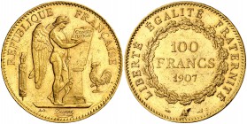 1907. Francia. III República. A (París). 100 francos. (Fr. 590) (Kr. 858). 32,22 g. AU. Leves marquitas. Parte de brillo original. EBC-.