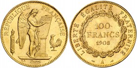1908. Francia. III República. A (París). 100 francos. (Fr. 590) (Kr. 858). 32,21 g. AU. Leves marquitas. Brillo original. EBC.