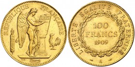 1909. Francia. III República. A (París). 100 francos. (Fr. 590) (Kr. 858). 32,23 g. AU. Leves marquitas. Brillo original. EBC.