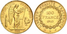 1910. Francia. III República. A (París). 100 francos. (Fr. 590) (Kr. 858). 32,25 g. AU. Leves golpecitos. Parte de brillo original. EBC.