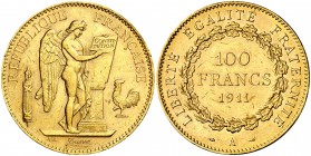 1911. Francia. III República. A (París). 100 francos. (Fr. 590) (Kr. 858). 32,23 g. AU. Leves marquitas. Parte de brillo original. EBC-.