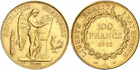 1912. Francia. III República. A (París). 100 francos. (Fr. 590) (Kr. 858). 32,21 g. AU. Leves marquitas. Parte de brillo original. EBC-.