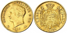1810. Italia. Napoleón. M (Milán). 20 liras. (Fr. 7) (Kr. 11). 6,38 g. AU. Rayitas de acuñación. Escasa. MBC+.