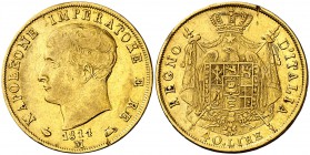 1814. Italia. Napoleón. M (Milán). 40 liras. (Fr. 5) (Kr. 12). 12,79 g. AU. Golpecitos. Parte de brillo original. MBC.
