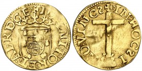 s/d. Portugal. Juan III (1521-1557). Lisboa. 1 cruzado del calvario. (Fr. 29) (Gomes 174.01 var). 3,40 g. AU. Algo alabeada. Rara. MBC-.