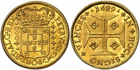 1689. Portugal. Pedro II. Lisboa. 4000 reis (1 moeda). (Fr. 76) (Gomes 99.02). 10,68 g. AU. Bella. Brillo original. Rara así. S/C-.