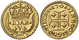 1746. Portugal. Juan V. Lisboa. 400 reis (1 cruzado). (Fr. 100) (Gomes 84.17). 1,03 g. AU. Ex Áureo & Calicó 30/10/2014, nº 2197. EBC+.