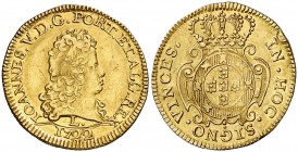 1722. Portugal. Juan V. Lisboa. 1600 reis (1 escudo). (Fr. 89) (Gomes 116.01). 3,51 g. AU. Leve hojita en borde. Ex Áureo & Calicó 30/10/2014, nº 2220...