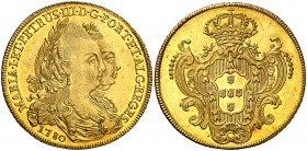 1780. Portugal. María I y Pedro III. Lisboa. 6400 reis (1 peça). (Fr. 107) (Gomes 27.06). 14,36 g. AU. Muy bella. Brillo original. Ex Numisma 22/06/20...