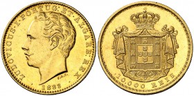 1883. Portugal. Luis I. Lisboa. 10000 reis. (Fr. 152) (Gomes 17.09). 17,67 g. AU. Mínimas marquitas. Bella. Brillo original. S/C-.